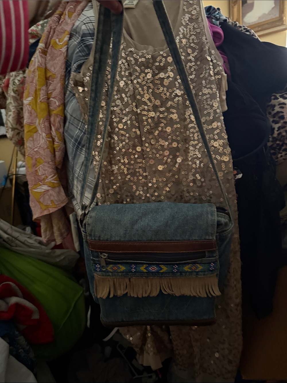 Vintage Denim Fringe Crossbody Bag - Blue